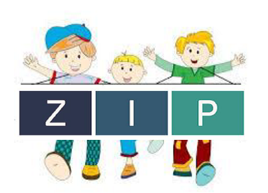 Logo ZIP, za logiem troje siejących się dzieci