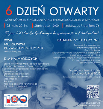 plakat 6 Dzień Otwarty WSSE w Krakowie a na nim postacie stykające się głowami na granatowym tle i białe napisy