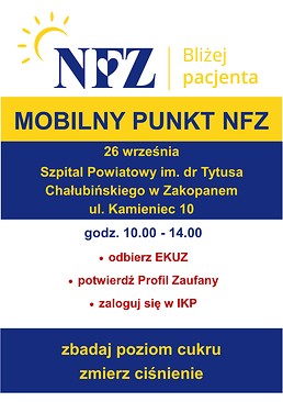 plakat informujący o punkcie mobilnym w Szpitalu Powiatowym w Zakopanem