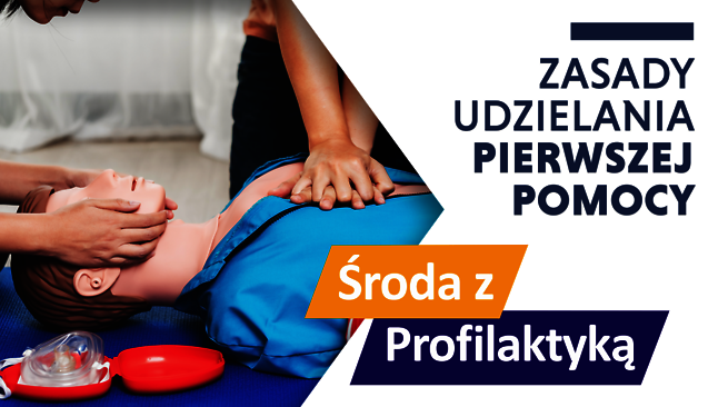 Banner inforcyjny o środzie z profiaktyką i udzielaniu pierwszej pomocy