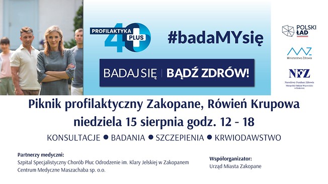 Baner promujący piknik. Tekst: Piknik profilaktyczny, Rówień Krupowa, niedziela 15 sierpnia, godz. 12-18