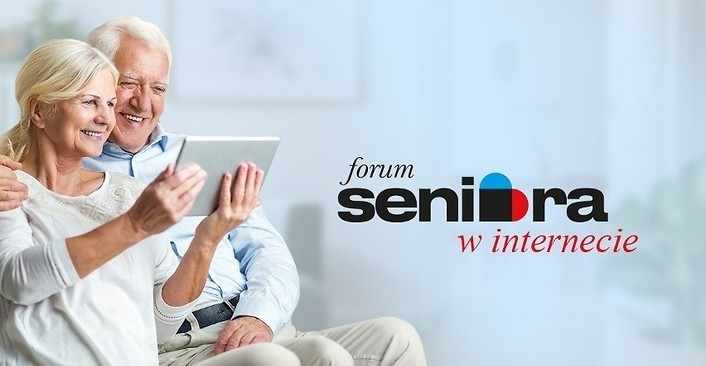 Zdjęcie: kobieta i mężczyzna z tabletem. Tekst: Forum seniora w internecie