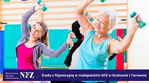 Grafika promocyjna środy z fizjoterapią w małopolskim NFZ w Krakowie i Tarnowie