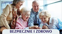 Grafika: czterech seniorów i tekst: bezpiecznie i zdrowo