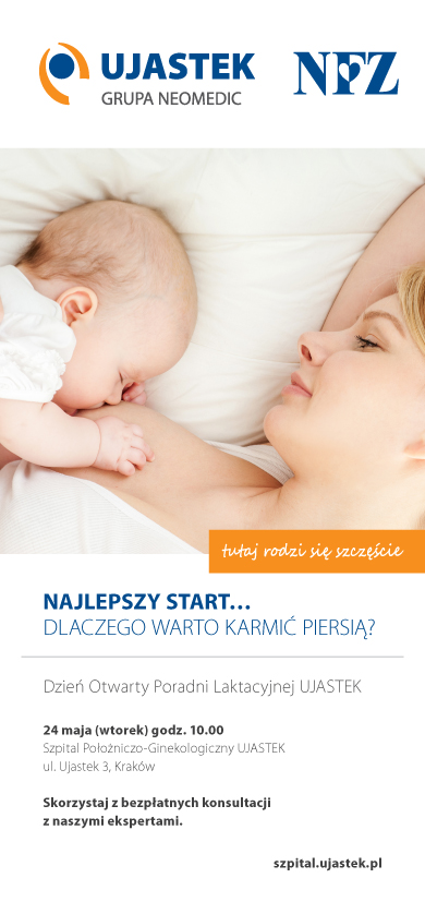 Plakat z kobietą karmiącą niemowlę informujący o dniu otwartym-alt