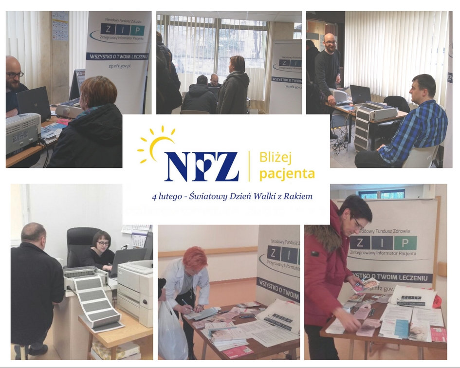 Światowy dzień walki z rakiem - kolaż zdjęć i logo NFZ